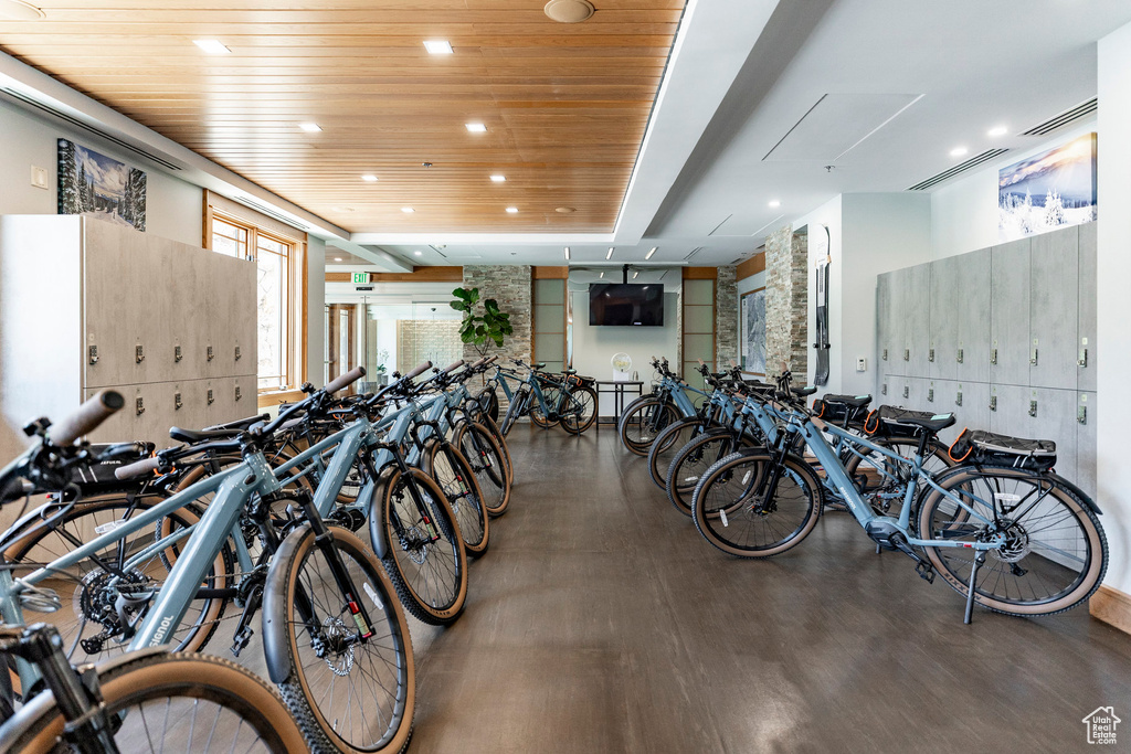 Garage with wooden ceiling and recessed lighting
