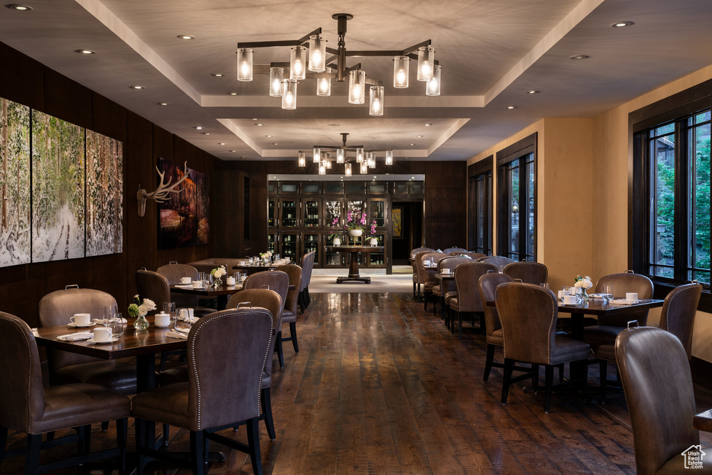 Dining room featuring a tray ceiling, dark wood-style flooring, and a chandelier