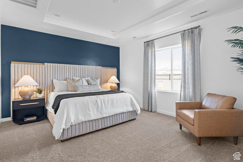Bedroom featuring carpet flooring and a tray ceiling
