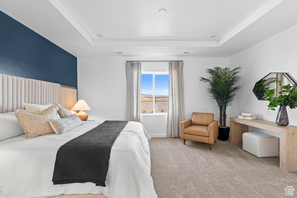Bedroom featuring a tray ceiling and carpet flooring