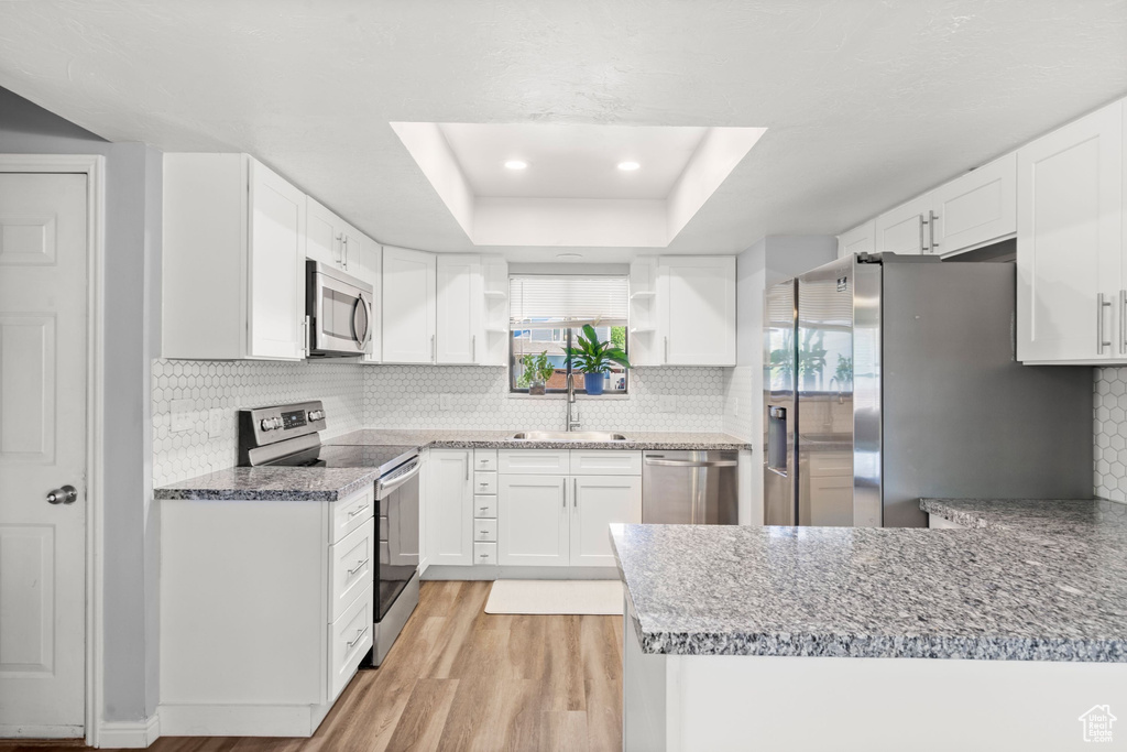 Kitchen featuring stainless steel appliances, open shelves, a tray ceiling, light wood-type flooring, and a peninsula
