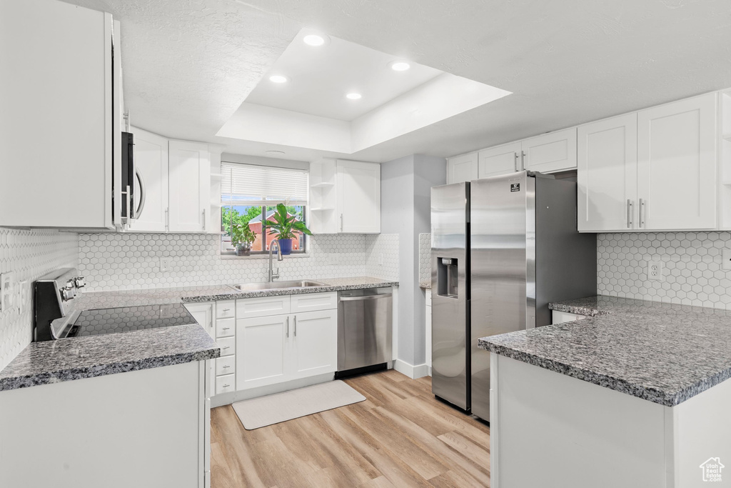 Kitchen featuring stainless steel appliances, light wood finished floors, open shelves, decorative backsplash, and a tray ceiling
