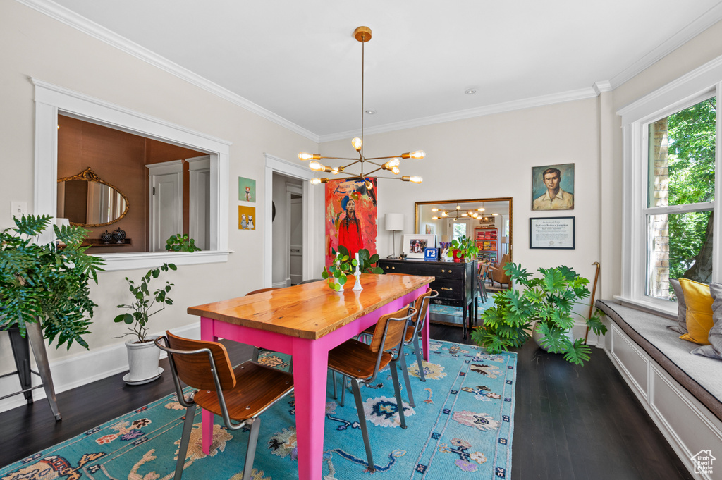 Dining area with a chandelier, dark wood-style floors, ornamental molding, and healthy amount of natural light
