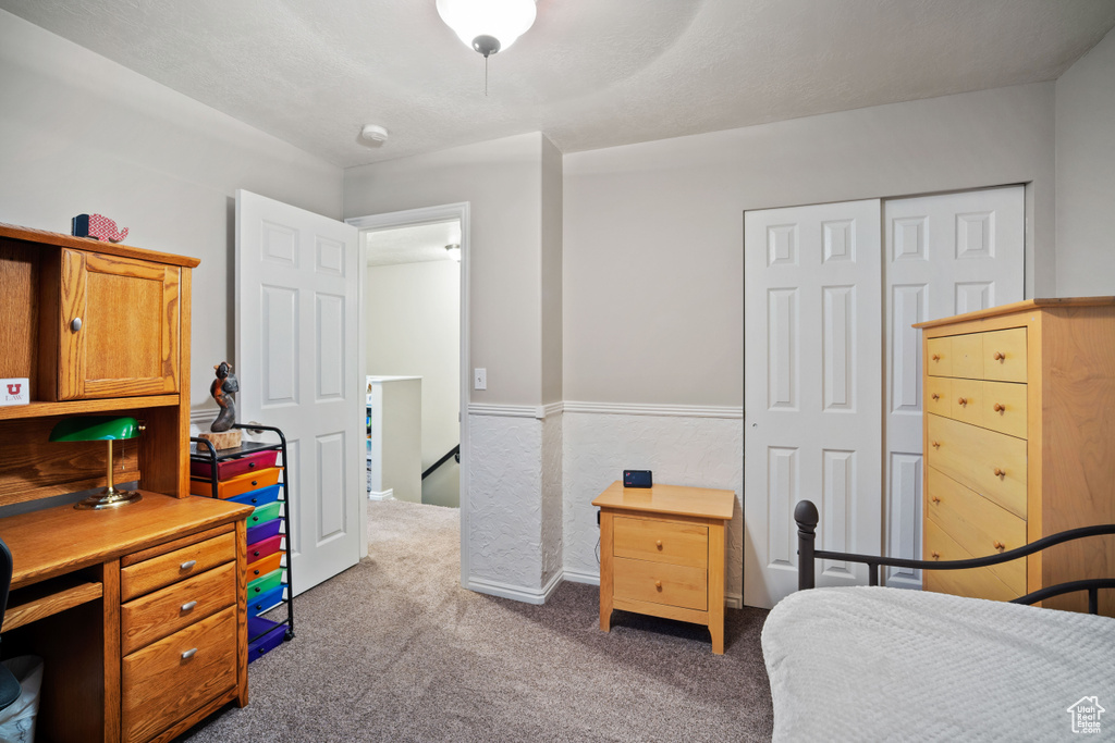 Carpeted bedroom featuring a closet
