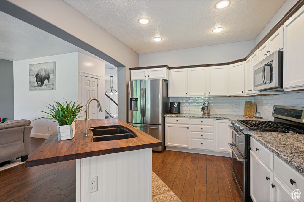 Kitchen with butcher block counters, stainless steel appliances, dark wood finished floors, decorative backsplash, and white cabinets