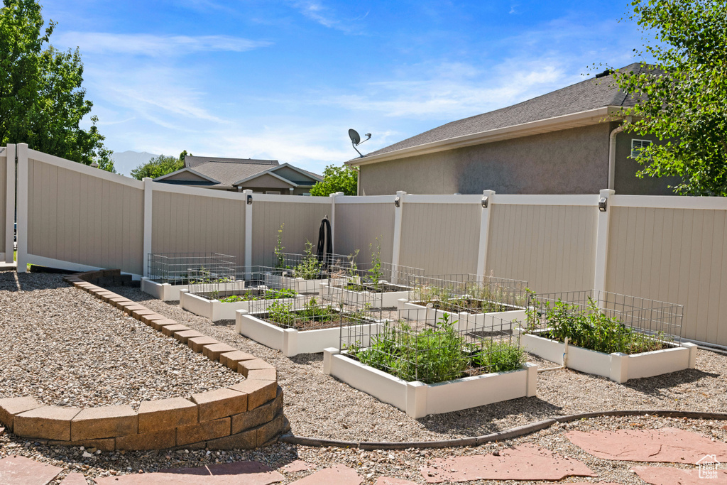 Fenced backyard with a vegetable garden