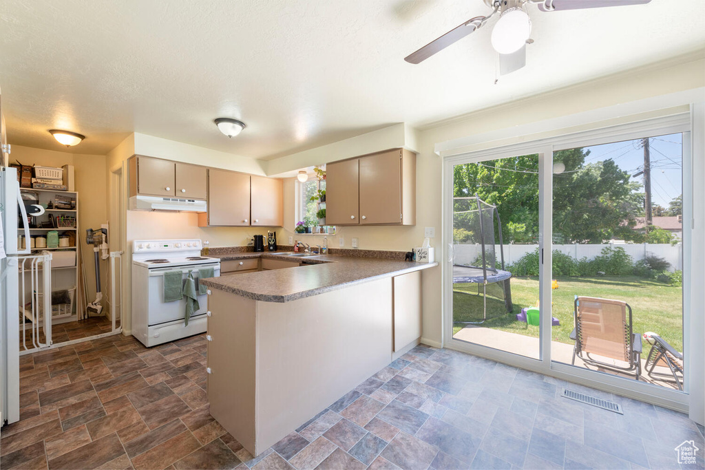 Kitchen with white electric stove, under cabinet range hood, a peninsula, stone finish floors, and a ceiling fan
