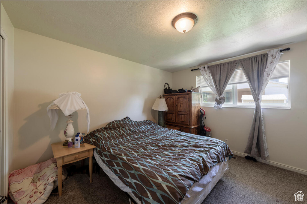 Bedroom featuring carpet floors and a textured ceiling