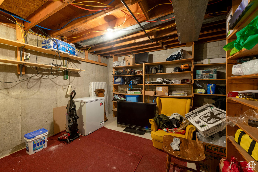 Unfinished basement with refrigerator