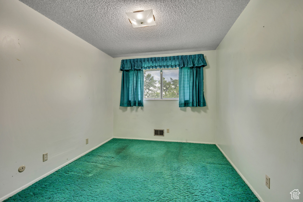 Carpeted spare room with a textured ceiling and baseboards