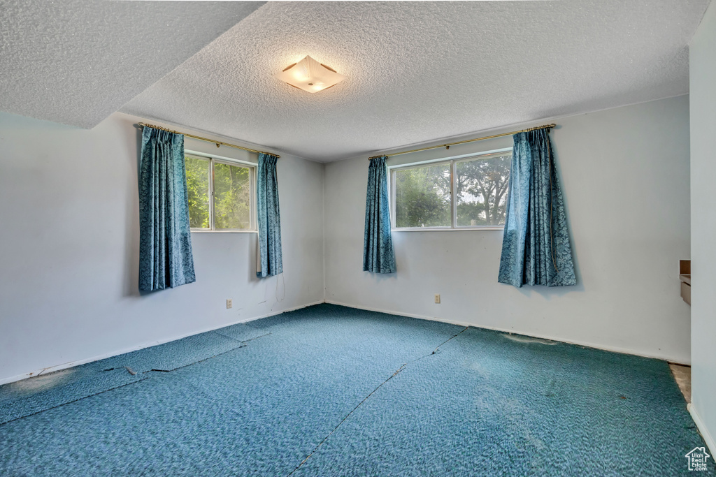 Empty room with plenty of natural light, a textured ceiling, and carpet floors