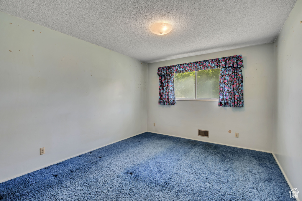 Carpeted spare room featuring a textured ceiling and baseboards