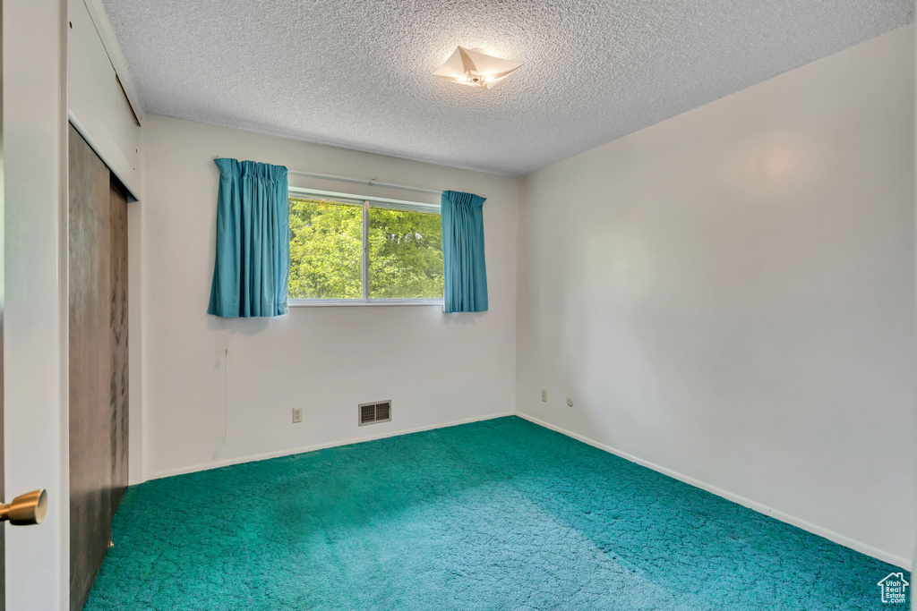 Unfurnished bedroom with carpet flooring, a textured ceiling, and a closet
