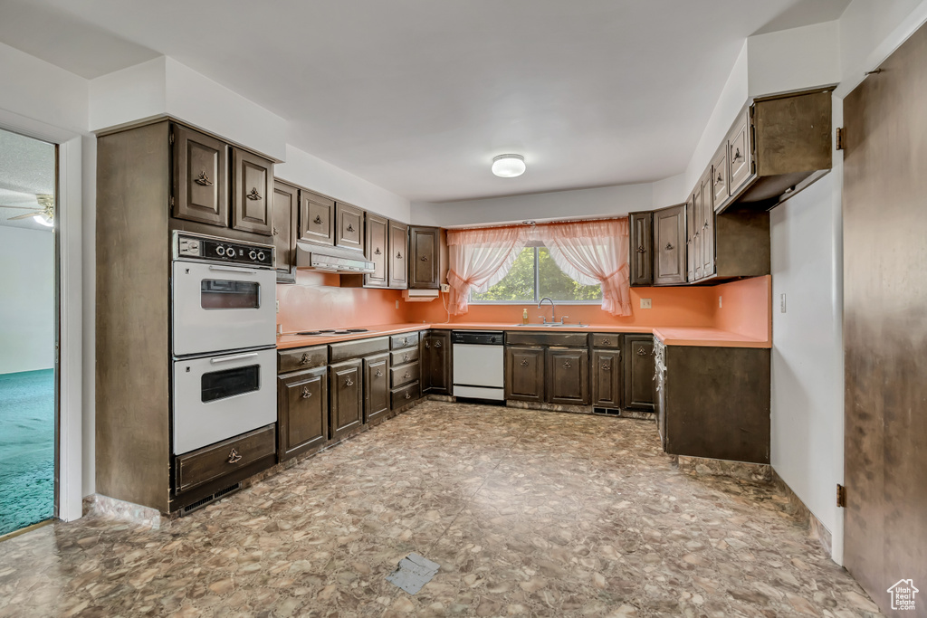 Kitchen with white appliances, under cabinet range hood, dark brown cabinets, light countertops, and ceiling fan