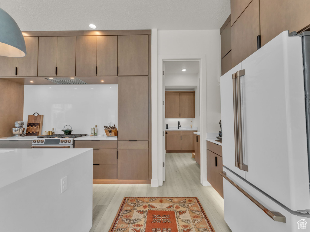 Kitchen with freestanding refrigerator, light wood-style floors, high end stainless steel range oven, and light countertops