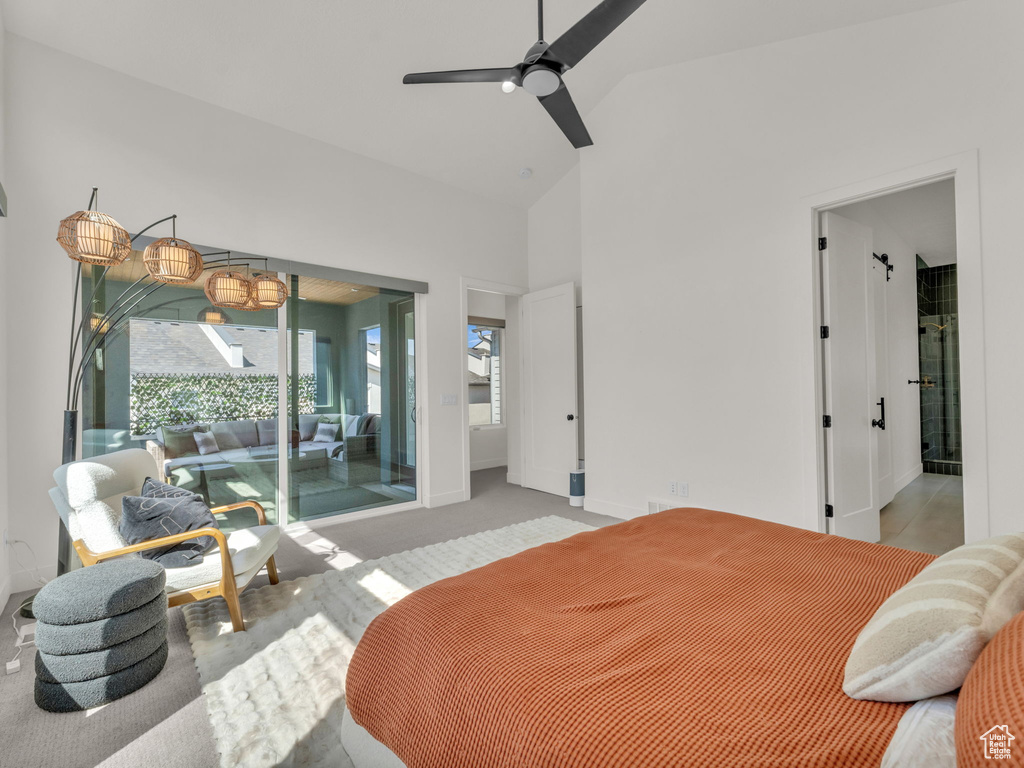 Bedroom with access to outside, high vaulted ceiling, carpet floors, and ceiling fan
