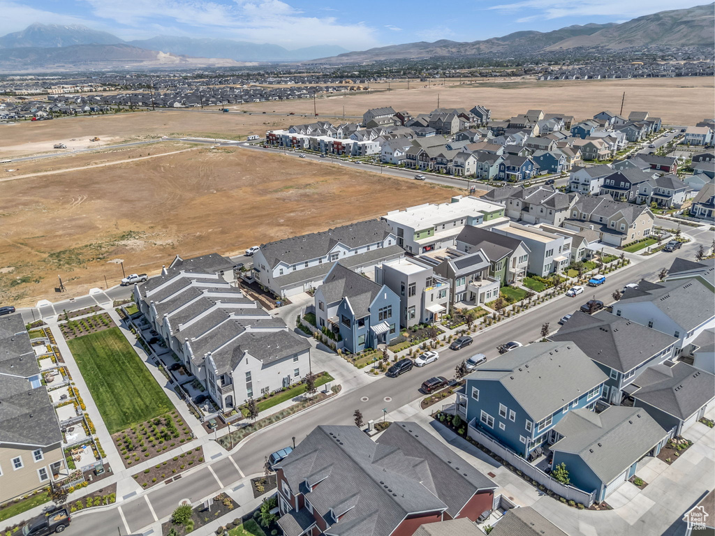 Aerial perspective of suburban area with mountains