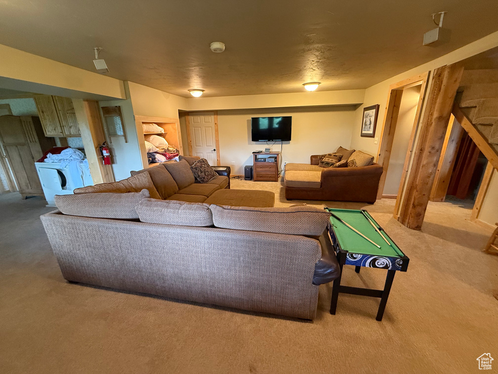 Living room with carpet and washer / clothes dryer