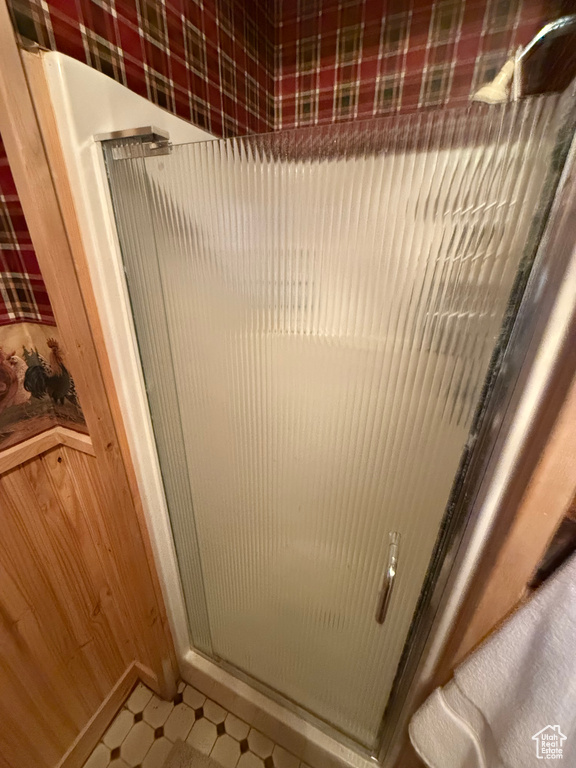 Detailed view of a shower stall and tile patterned floors
