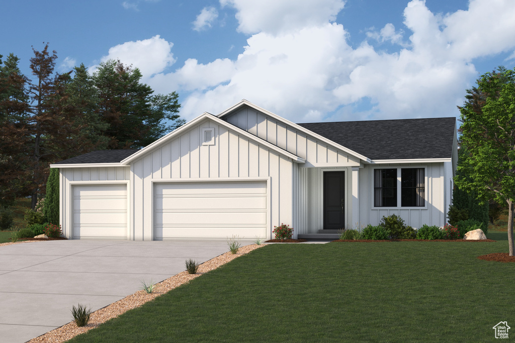 View of front of property with board and batten siding, concrete driveway, a garage, and a shingled roof