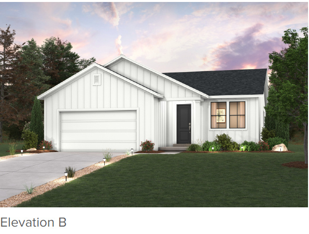 Modern farmhouse featuring board and batten siding, driveway, an attached garage, and a yard