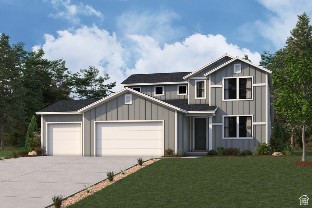 View of front of home featuring concrete driveway, board and batten siding, roof with shingles, and a garage