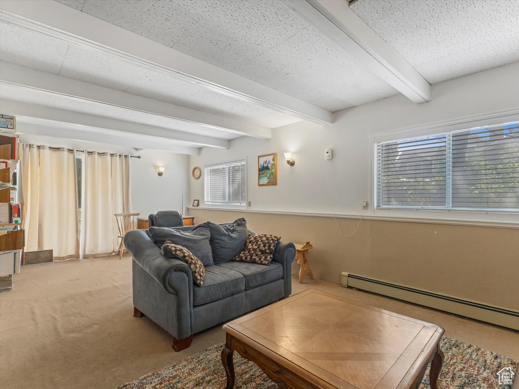 Living area featuring light carpet, beam ceiling, healthy amount of natural light, and a baseboard heating unit