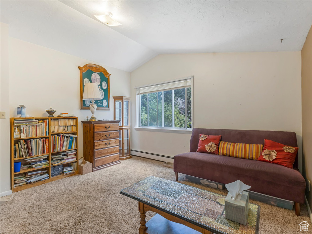 Living area featuring a baseboard radiator, carpet floors, and lofted ceiling