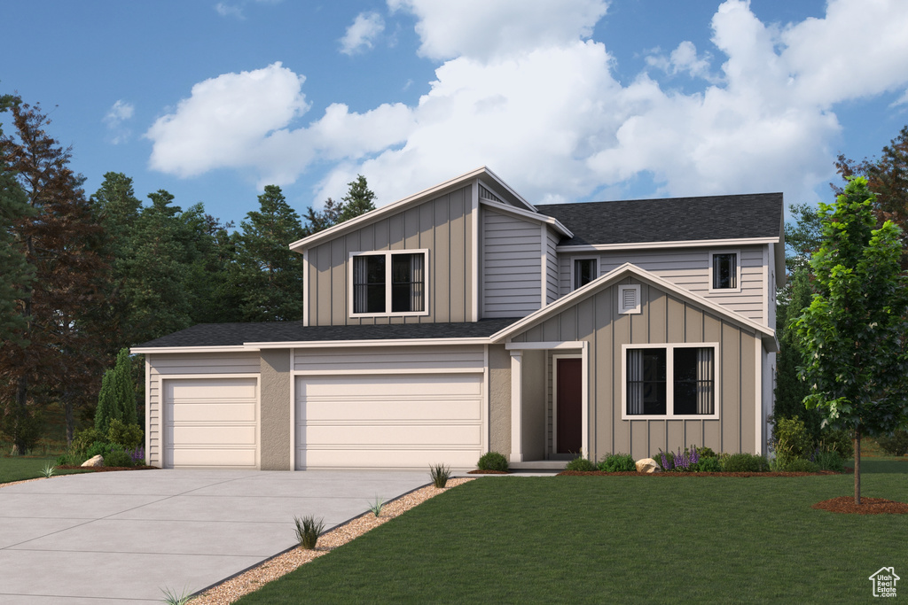 View of front of home featuring board and batten siding, driveway, a front lawn, and a garage