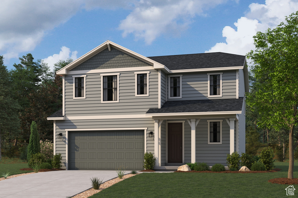 View of front of property with driveway, a front yard, a garage, and a shingled roof
