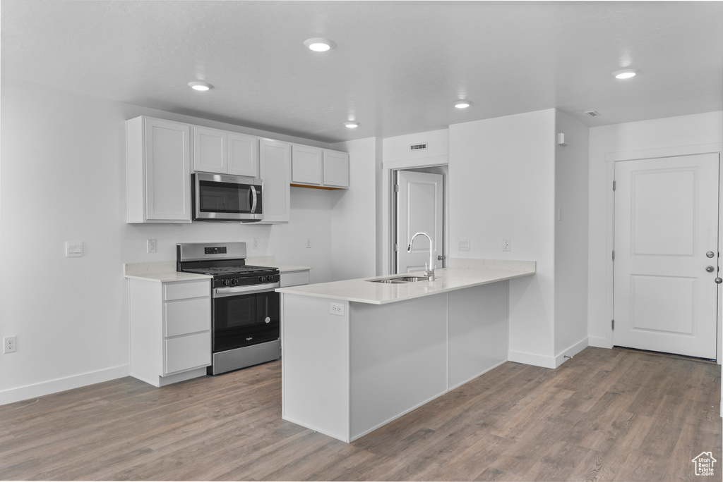 Kitchen featuring stainless steel appliances, light wood-type flooring, light countertops, a peninsula, and recessed lighting