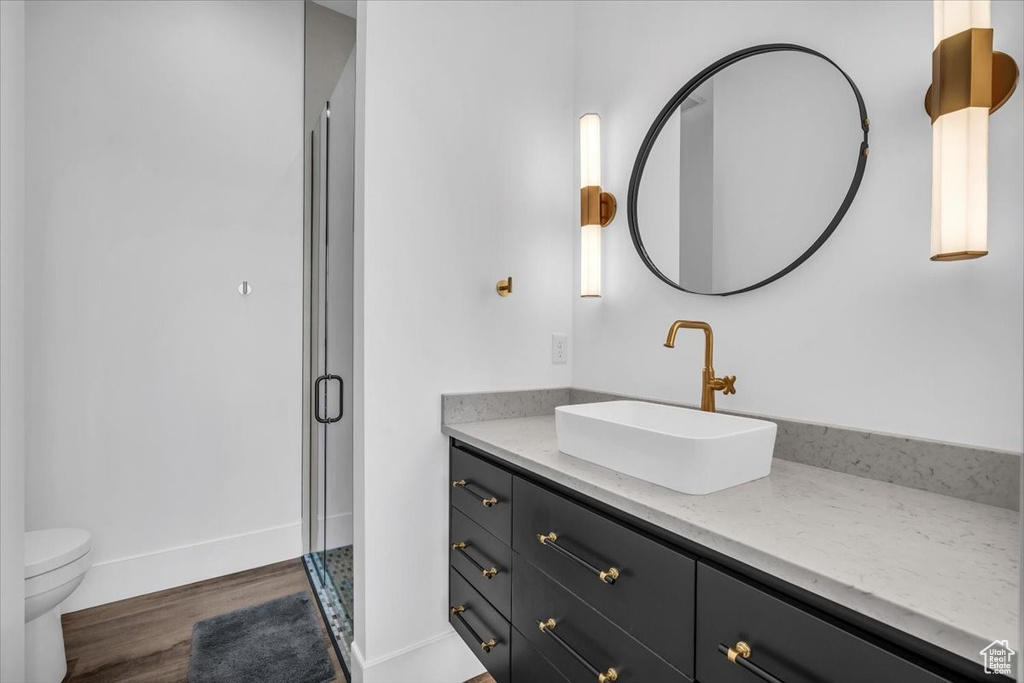 Bathroom with vanity, wood finished floors, and a shower stall