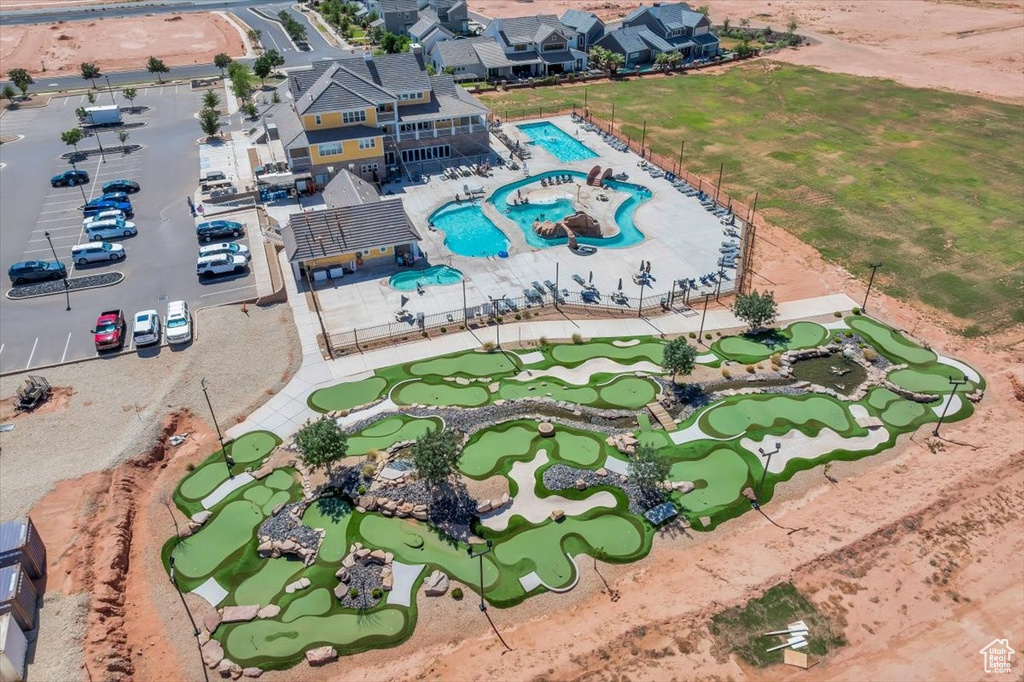 Drone / aerial view of a pool area