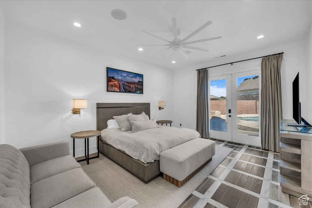 Bedroom with access to exterior, french doors, recessed lighting, and a ceiling fan