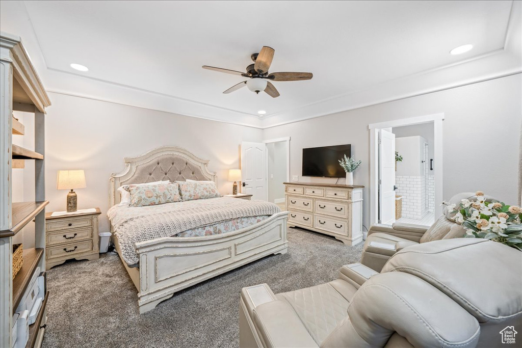 Bedroom featuring carpet flooring, recessed lighting, ceiling fan, and crown molding