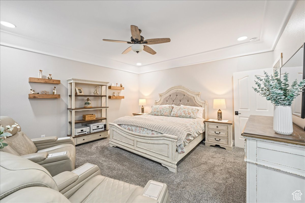 Bedroom featuring carpet, recessed lighting, and ceiling fan