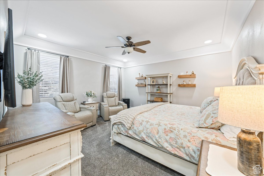 Bedroom with multiple windows, recessed lighting, carpet flooring, ceiling fan, and crown molding