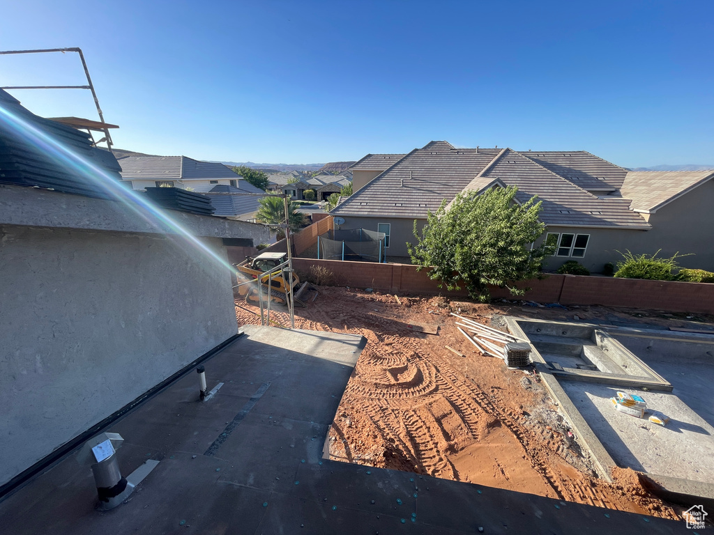 View of property exterior with a fenced backyard and a residential view