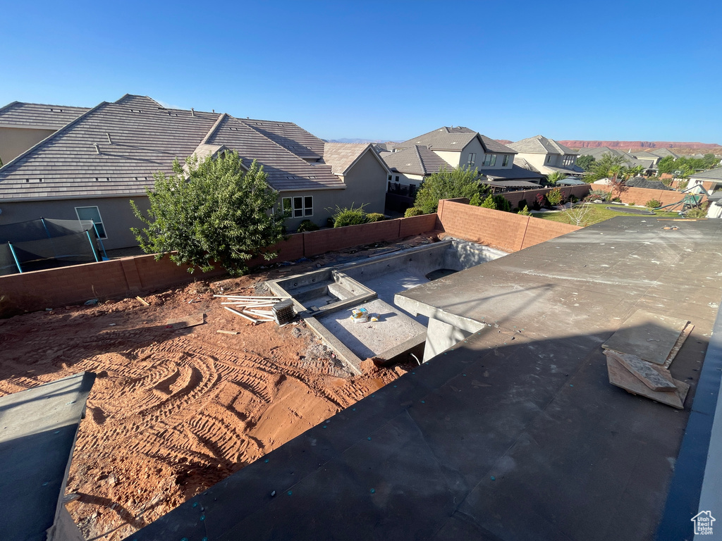 Exterior view of a fenced backyard and a residential view
