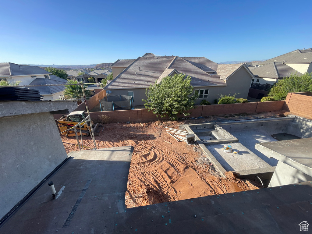 Fenced backyard with a residential view and a patio area