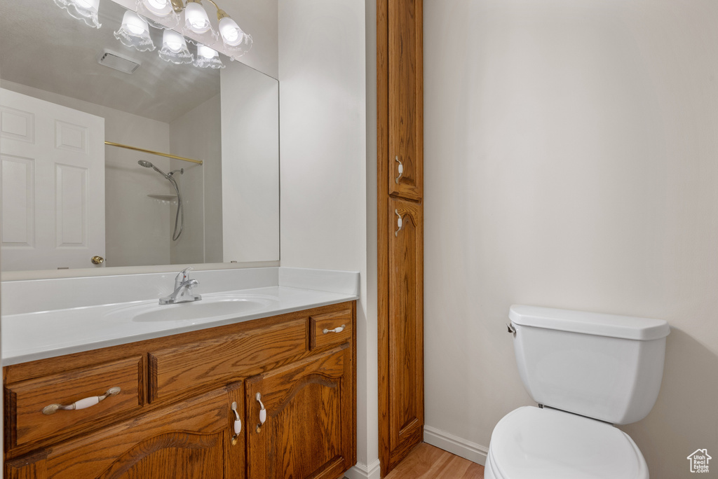 Bathroom featuring vanity, wood finished floors, and a shower