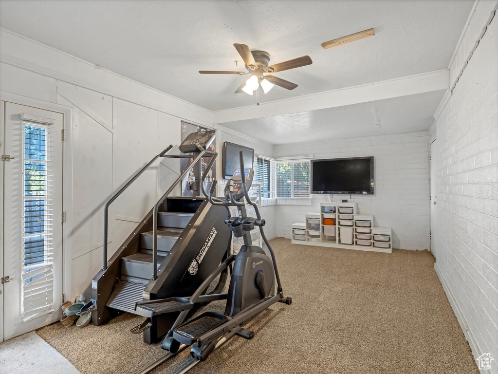 Workout area featuring ceiling fan, brick wall, and carpet floors