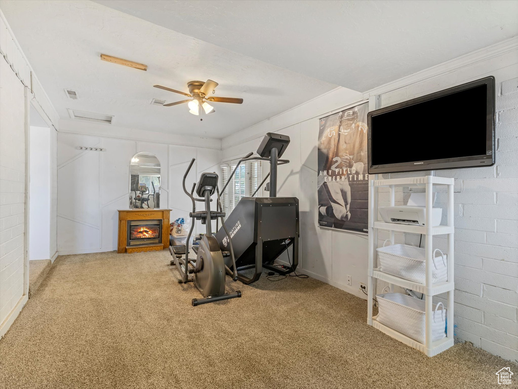 Workout room with carpet and ceiling fan