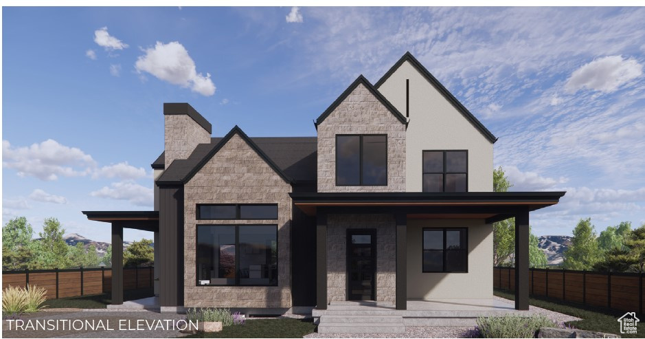 Modern home featuring stone siding, covered porch, and a chimney