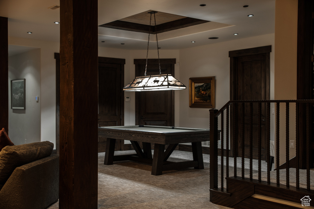 Playroom with carpet, recessed lighting, and a raised ceiling