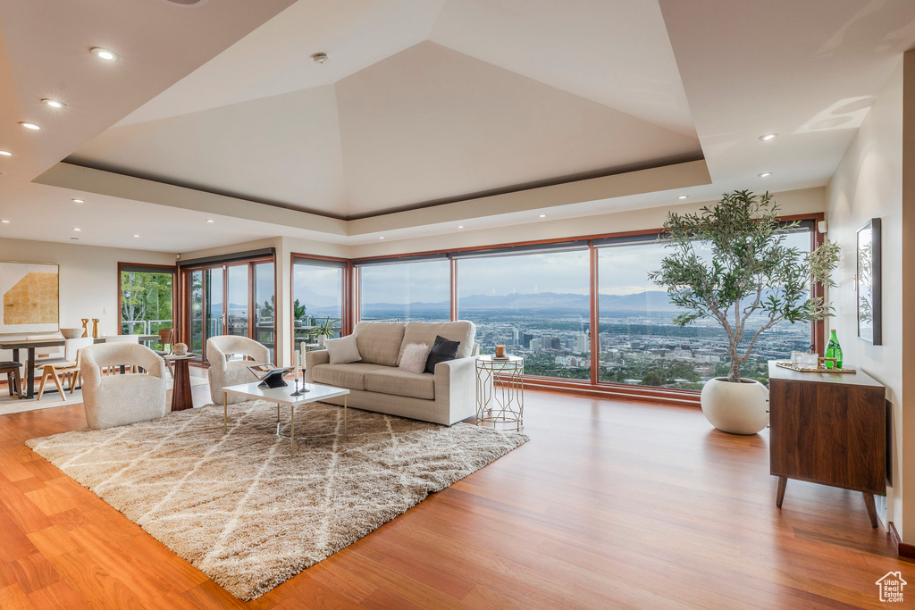 Living room featuring wood finished floors and recessed lighting
