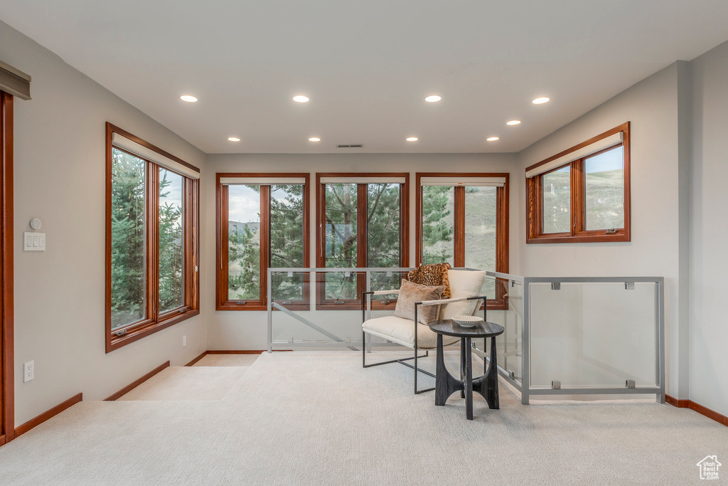 Sitting room with recessed lighting and light colored carpet