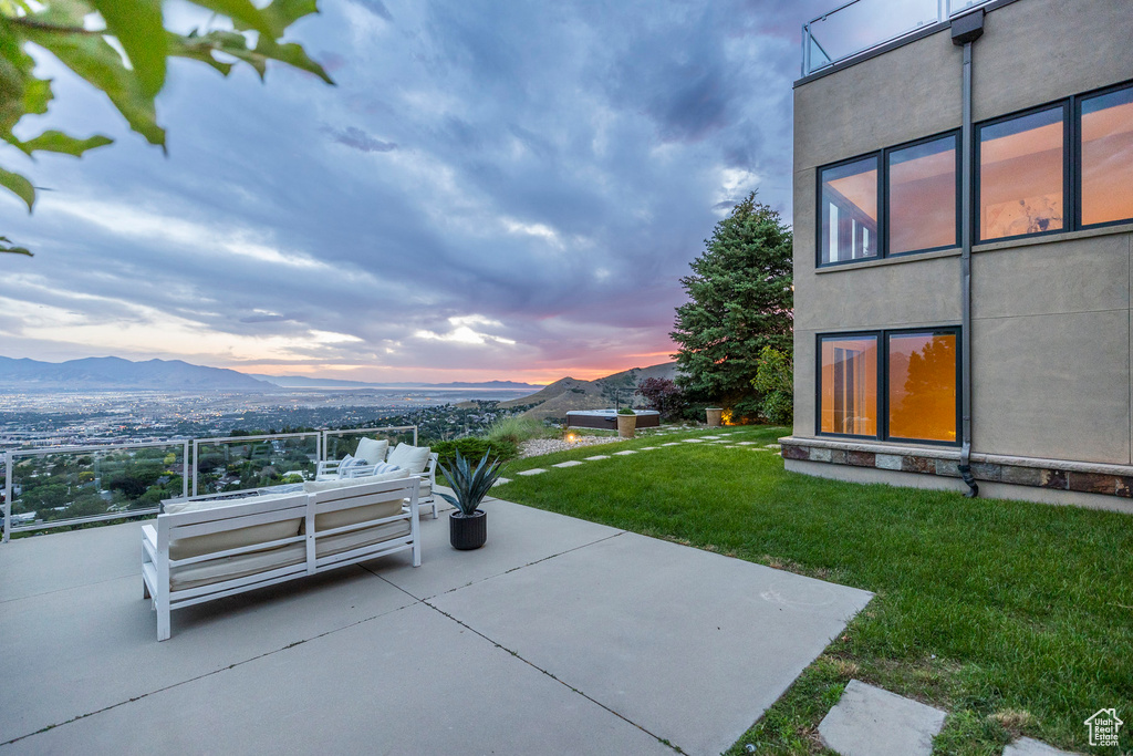 View of patio / terrace with a mountain view