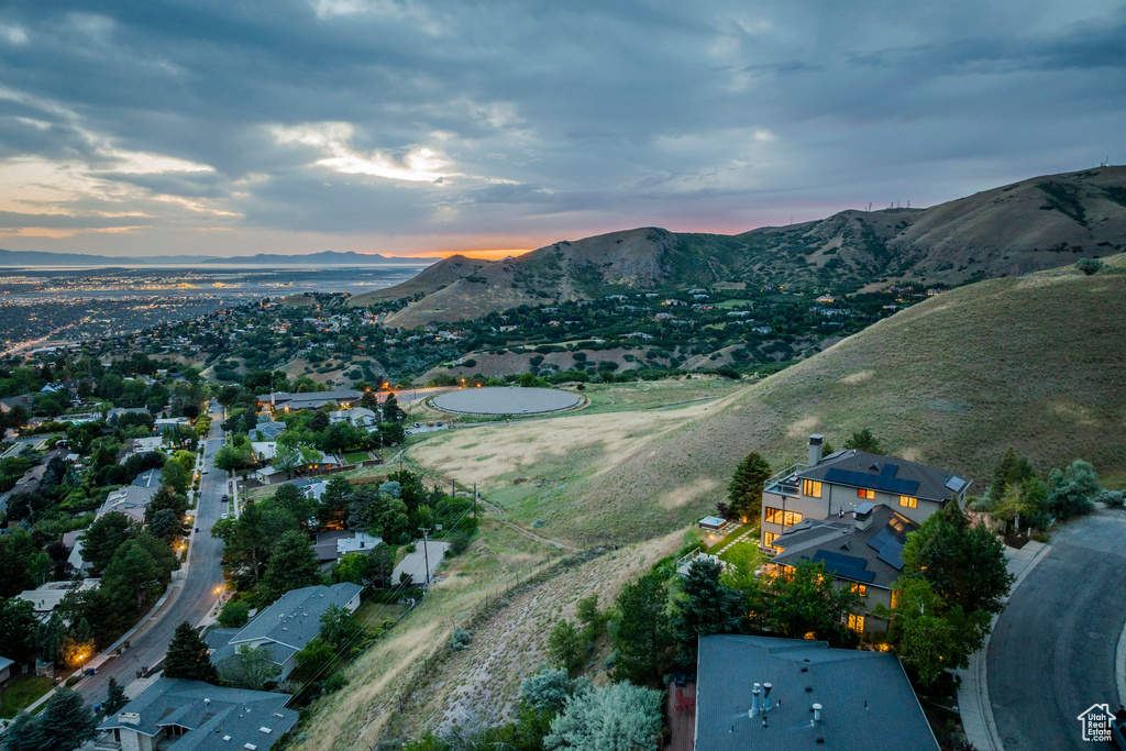Aerial view at dusk of a mountain view