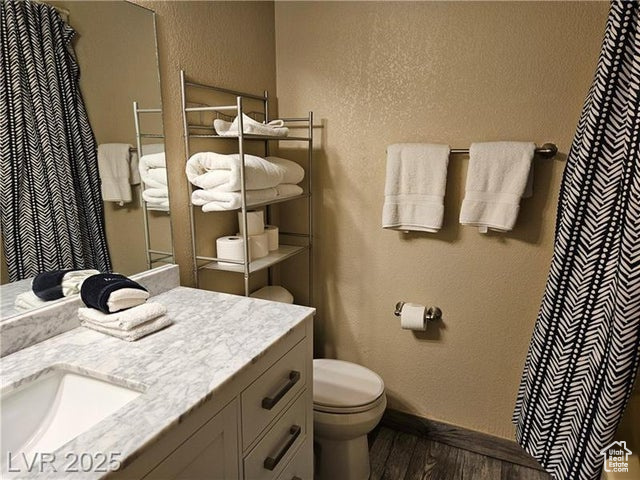 Bathroom featuring wood finished floors, vanity, a textured wall, and a shower with curtain